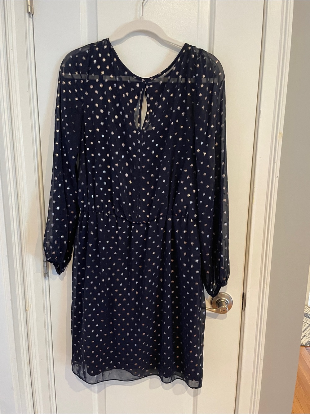 American Living Navy and Silver Polka Dot Long Sleeve Dress